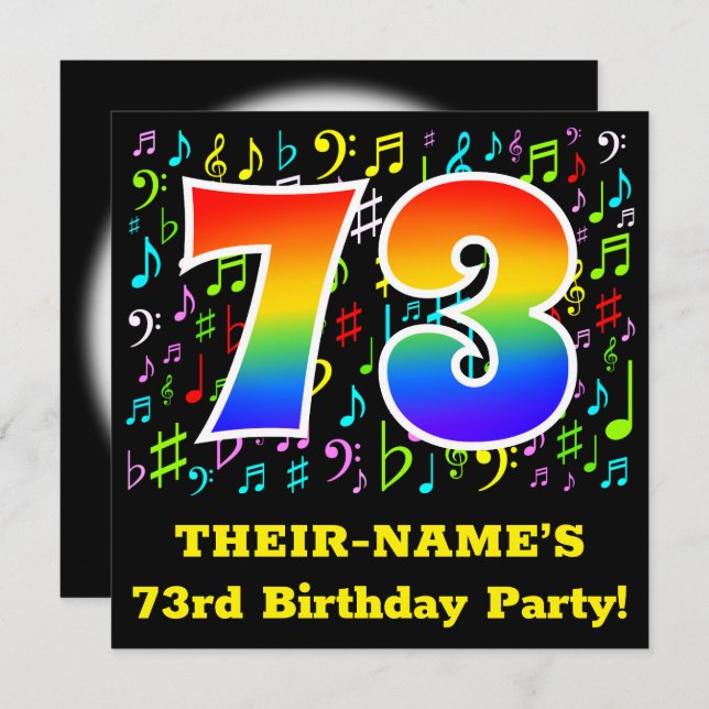 73rd Birthday Party: Fun Music Symbols, Rainbow 73 Invitation (Front/Back)