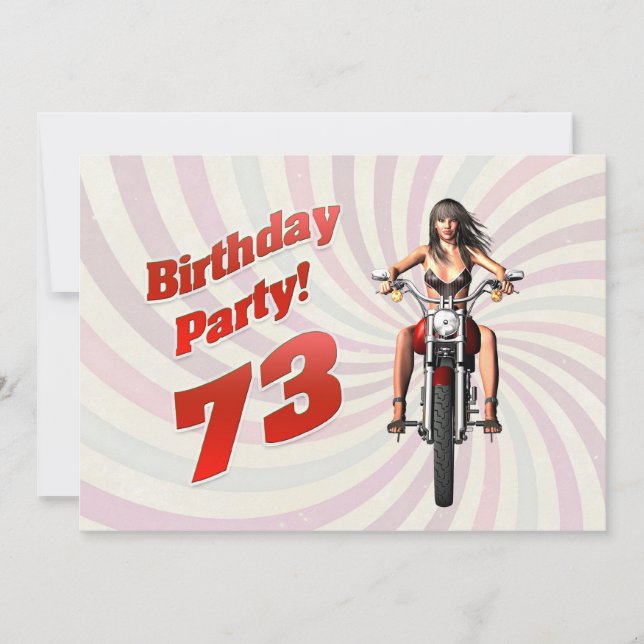 73rd birthday party with a girl on a motorbike invitation (Front)