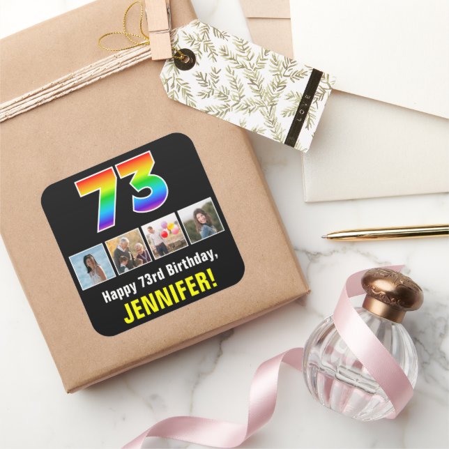 73rd Birthday: Rainbow “73”; Custom Photos & Name Square Sticker (Gifting)