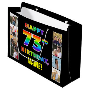73rd Birthday: Rainbow Text, Custom Photos & Name Large Gift Bag