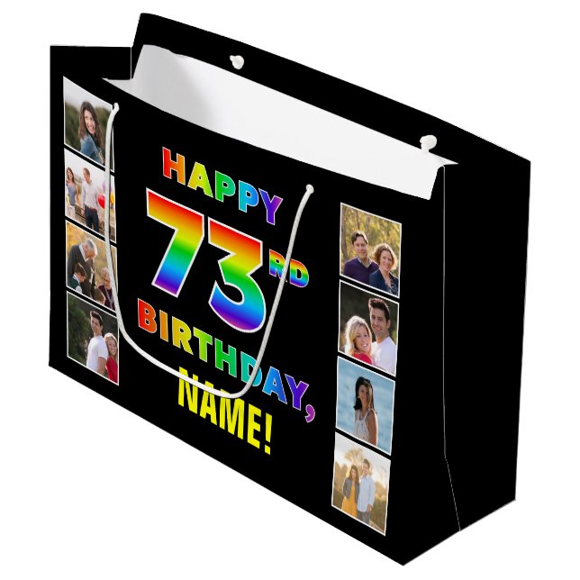 73rd Birthday: Rainbow Text, Custom Photos & Name Large Gift Bag (Front Angled)