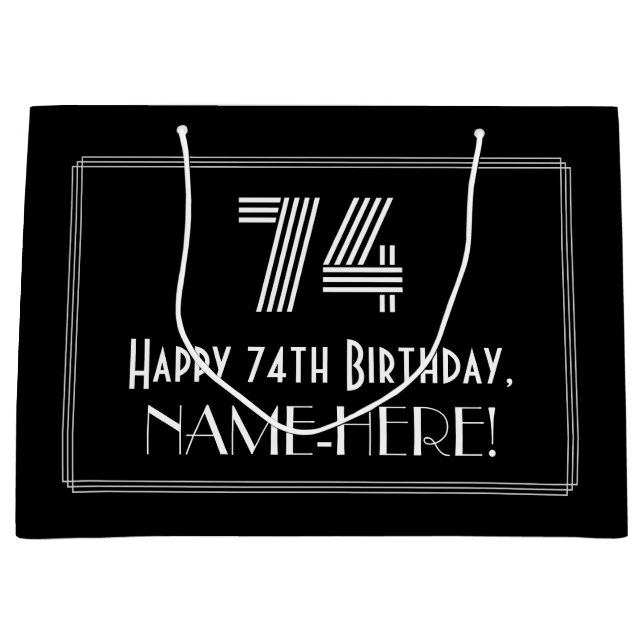 74th Birthday — Art Deco Inspired Look "74" & Name Large Gift Bag (Front)
