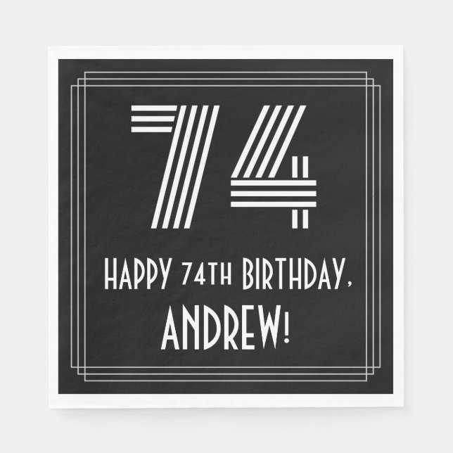 74th Birthday: Art Deco Inspired Look "74" + Name Napkin (Front)