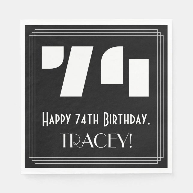 74th Birthday: Art Deco Inspired Look "74" + Name Napkin (Front)