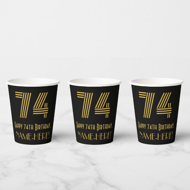 74th Birthday: Art Deco Inspired Look “74” & Name Paper Cups (Multi)