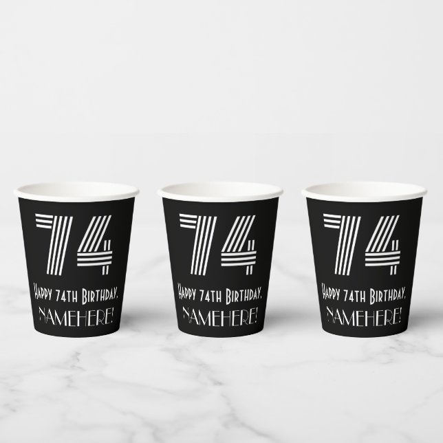 74th Birthday — Art Deco Inspired Look “74” + Name Paper Cups (Multi)