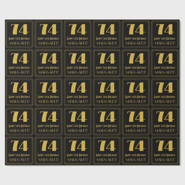 74th Birthday ~ Art Deco Inspired Look "74", Name Wrapping Paper (Flat)