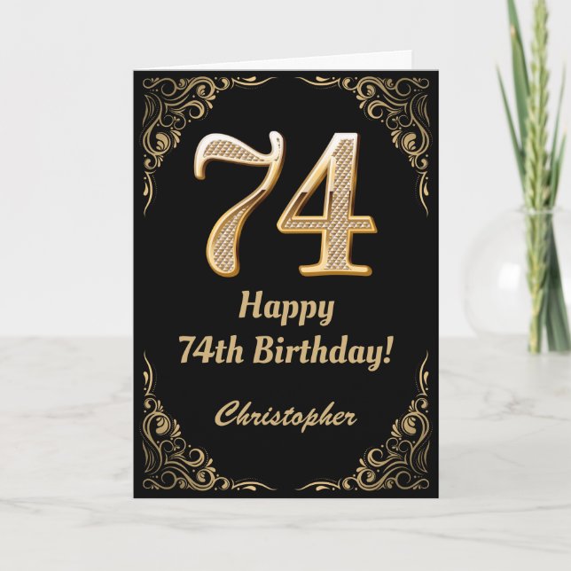 74th Birthday Black and Gold Glitter Frame Card (Front)