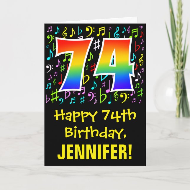 74th Birthday: Colorful Music Symbols + Rainbow 74 Card (Front)