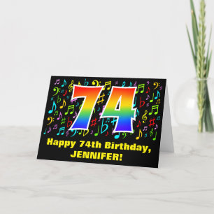 74th Birthday: Colorful Music Symbols & Rainbow 74 Card