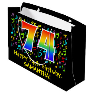 74th Birthday - Colourful Music Symbols, Rainbow 7 Large Gift Bag