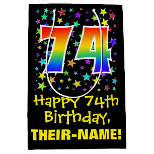 74th Birthday: Colourful Stars Pattern & Rainbow 7 Medium Gift Bag
