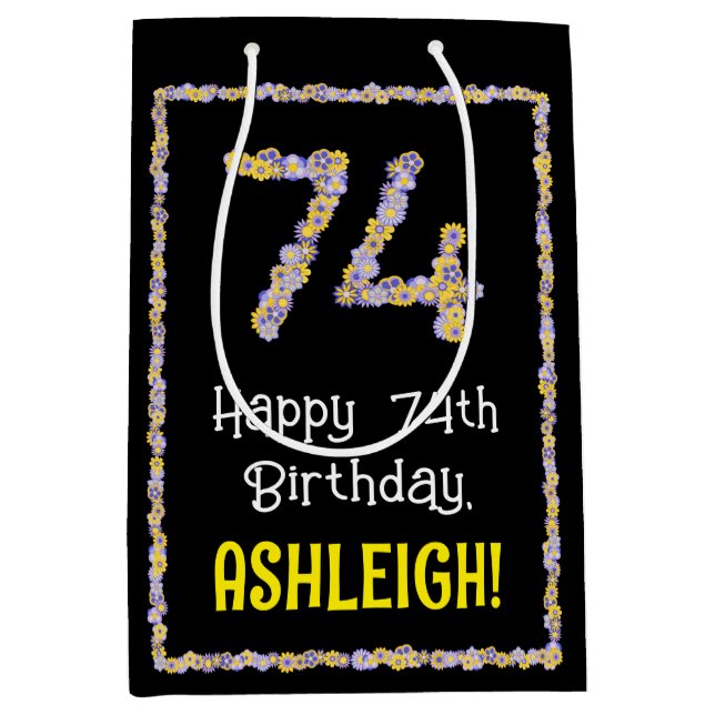74th Birthday: Floral Flowers Number, Custom Name Medium Gift Bag (Front)