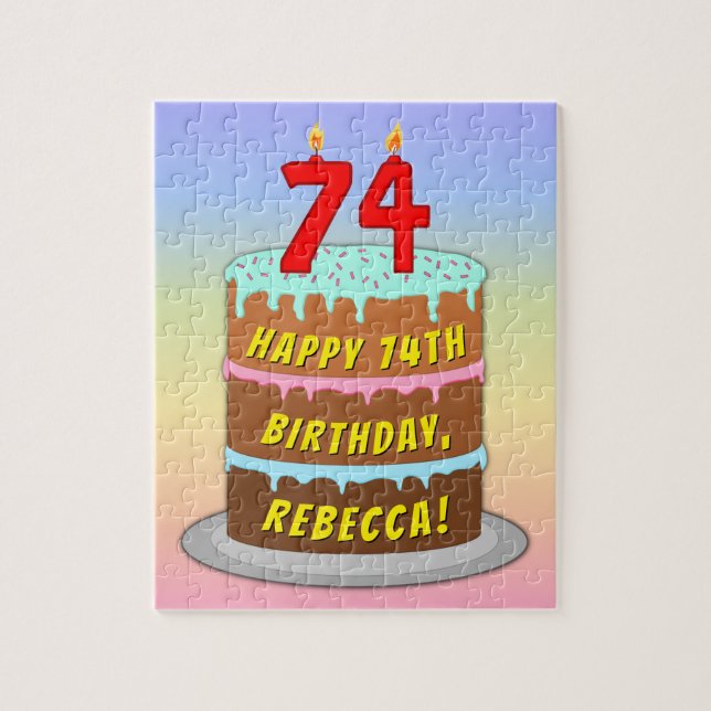 74th Birthday: Fun Cake and Candles + Custom Name Jigsaw Puzzle (Vertical)