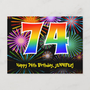 74th Birthday – Fun Fireworks Pattern + Rainbow 74 Postcard