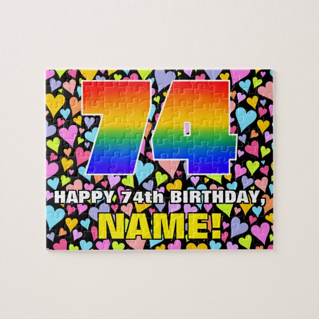 74th Birthday — Fun, Loving Heart Shapes + “74” Jigsaw Puzzle (Horizontal)
