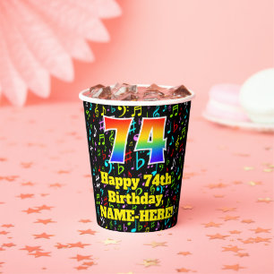 74th Birthday: Fun Music Notes Pattern, Rainbow 74 Paper Cups