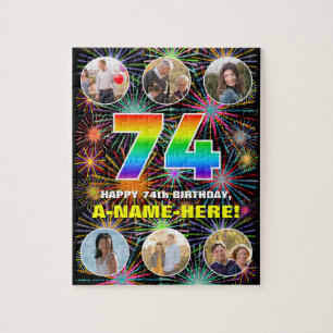 74th Birthday: Fun Rainbow #, Custom Name + Photos Jigsaw Puzzle
