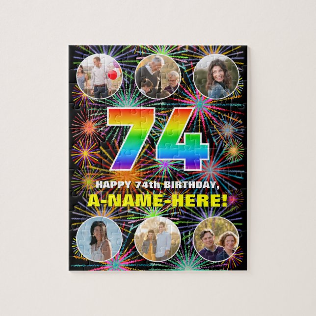 74th Birthday: Fun Rainbow #, Custom Name + Photos Jigsaw Puzzle (Vertical)