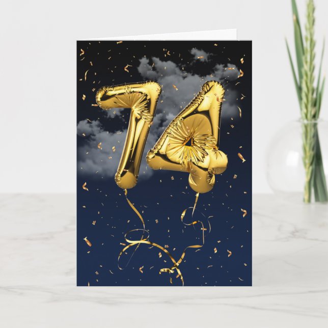74th Birthday Gold Mylar Balloon and Confetti Card (Front)