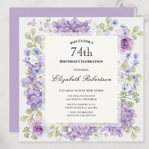 74th Birthday Invitation Elegant Purple Flowers