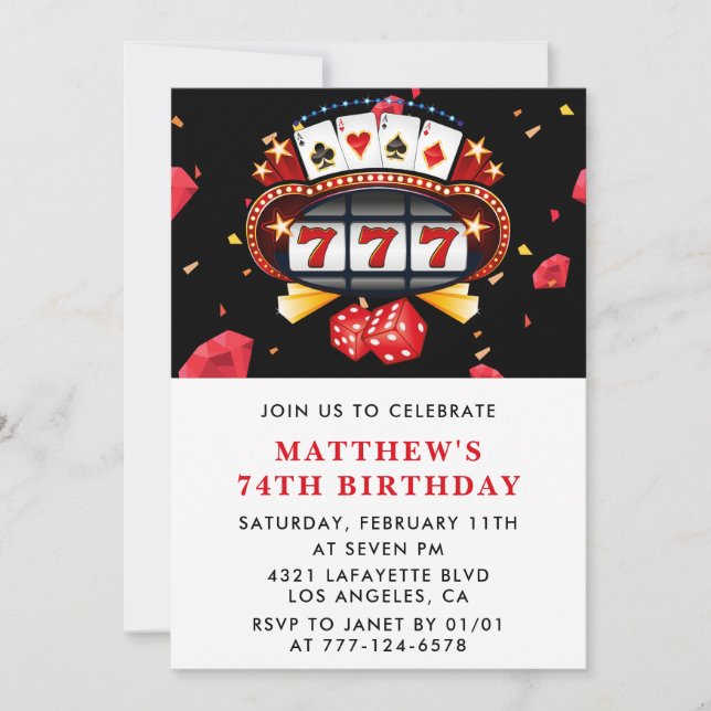74th birthday invitations Casino theme Poker Red (Front)