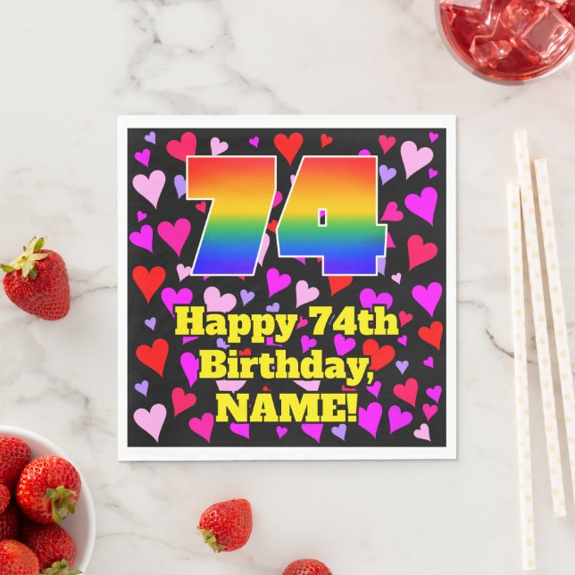 74th Birthday: Loving Hearts Pattern, Rainbow # 74 Napkin (Insitu)