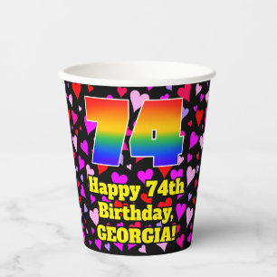 74th Birthday: Loving Hearts Pattern, Rainbow 74 Paper Cups