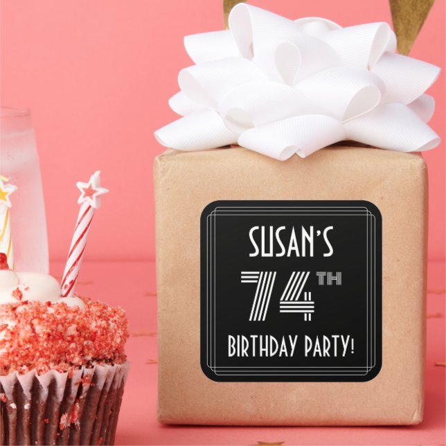 74th Birthday Party: Art Deco Style & Custom Name Square Sticker (Party)