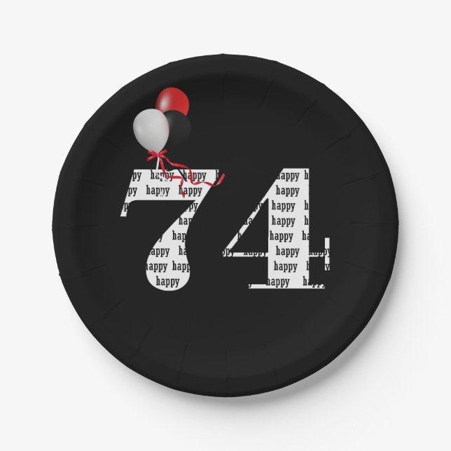 74th birthday party balloons paper plate (Front)