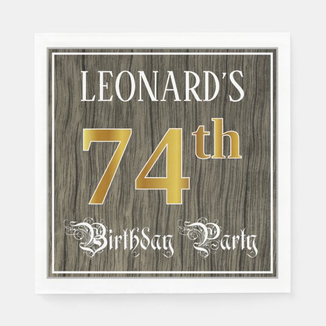 74th Birthday Party — Faux Gold & Faux Wood Looks Napkin (Front)