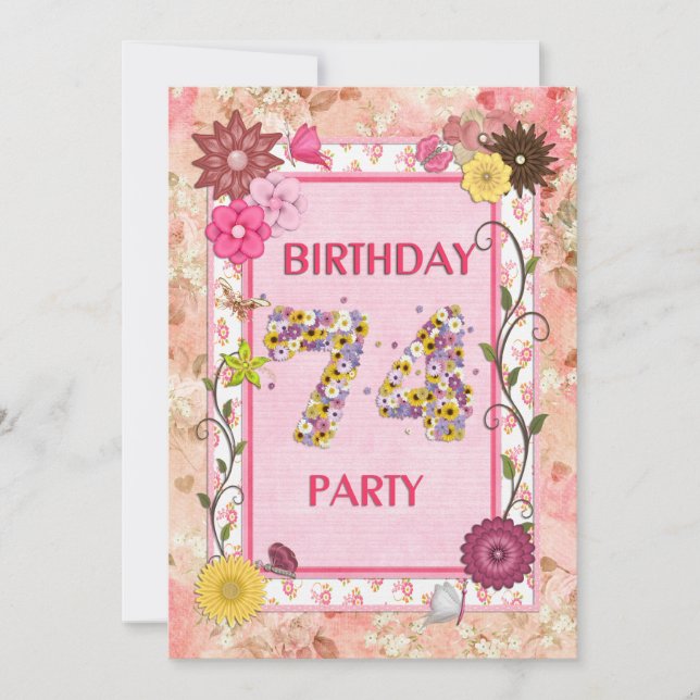 74th birthday party invitation with floral frame (Front)