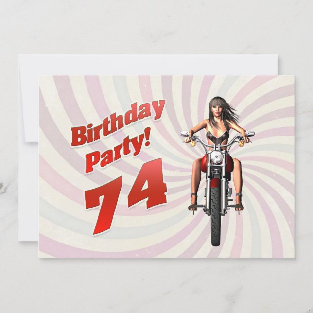74th birthday party with a girl on a motorbike invitation (Front)