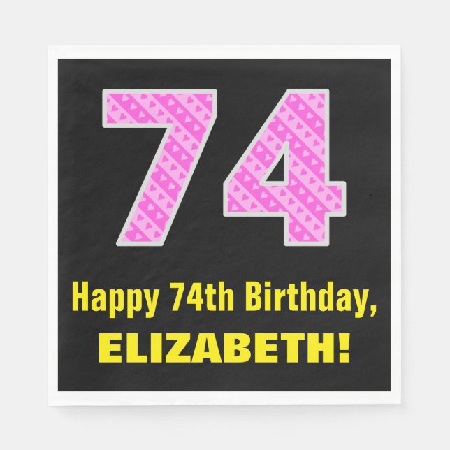 74th Birthday: Pink Stripes and Hearts "74" + Name Napkin (Front)