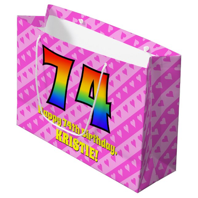74th Birthday: Pink Stripes & Hearts, Rainbow # 74 Large Gift Bag (Front Angled)