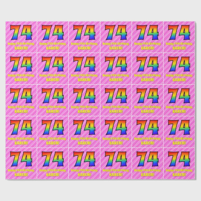 74th Birthday: Pink Stripes & Hearts, Rainbow # 74 Wrapping Paper (Flat)