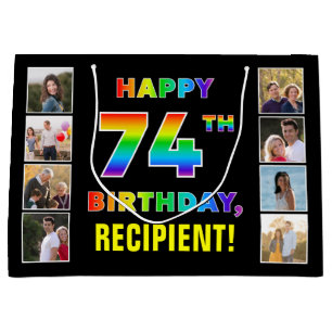 74th Birthday: Rainbow Text, Custom Photos & Name Large Gift Bag