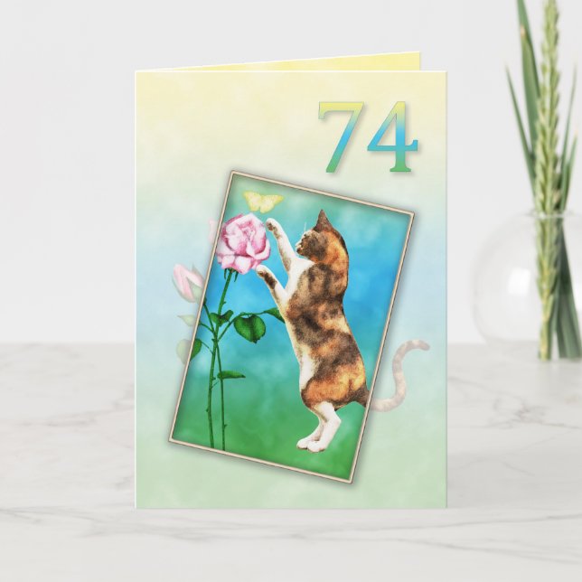 74th Birthday with a playful cat Card (Front)