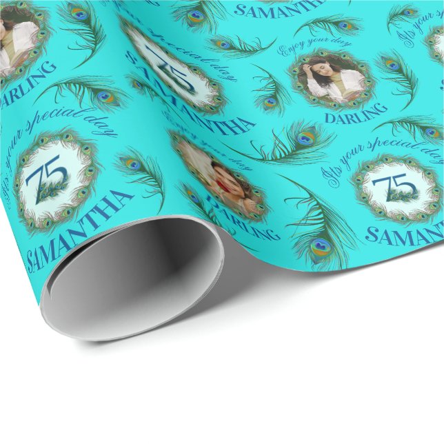 75 Peacock Feather Fully Editable Custom Photo Wrapping Paper (Roll Corner)