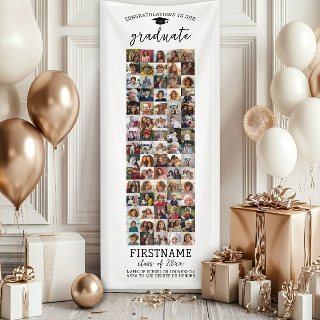 75 Photo Collage Graduation Modern Minimal White Banner (Custom Graduation Banner - Great for a backdrop or Grad Party Decoration)