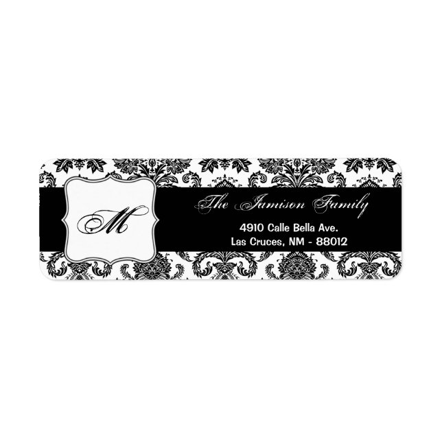 .75"x2.25" Return Address Label Black White Damask (Front)