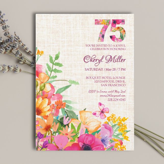 75 Years Flowers Floral Linen 75th Birthday Invitation (Creator Uploaded)