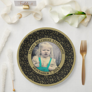 75 Your Photo Random Number Pattern Black/Gold Paper Plate