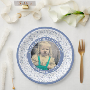 75 Your Photo Random Number Pattern Blue/White Paper Plate