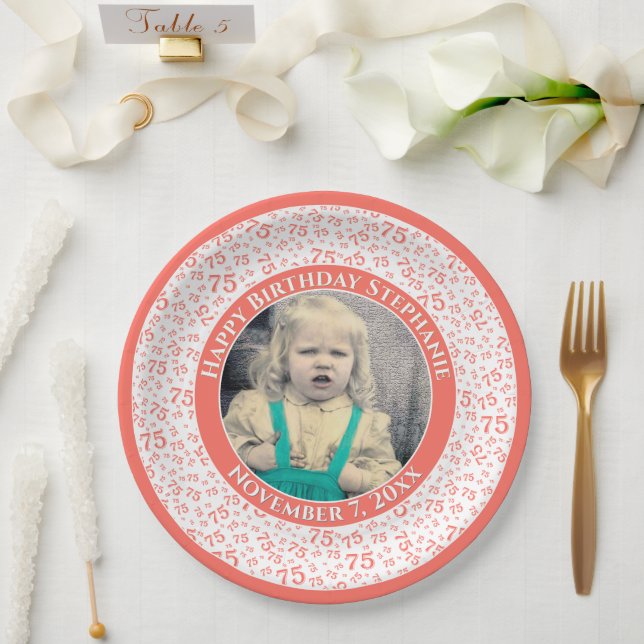 75 Your Photo Random Number Pattern Coral/White Paper Plate (Wedding)