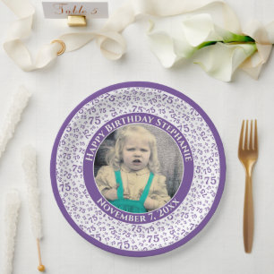 75 Your Photo Random Number Pattern Purple/White Paper Plate