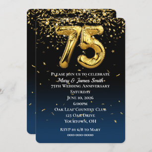 75th Anniversary Gold Balloons & Confetti Invitati Invitation