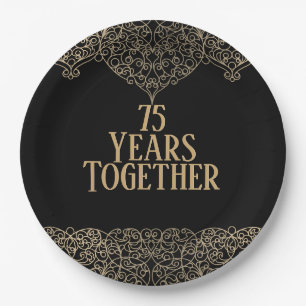 75th Anniversary Gold Lace On Black Paper Plate