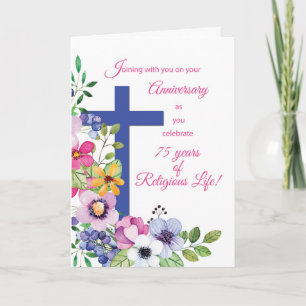 75th Anniversary Nun Religious Life Cross, Flowers Card