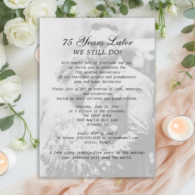 75th Anniversary Wedding Photo Elegant Formal Invitation (75th wedding anniversary photo invitation)